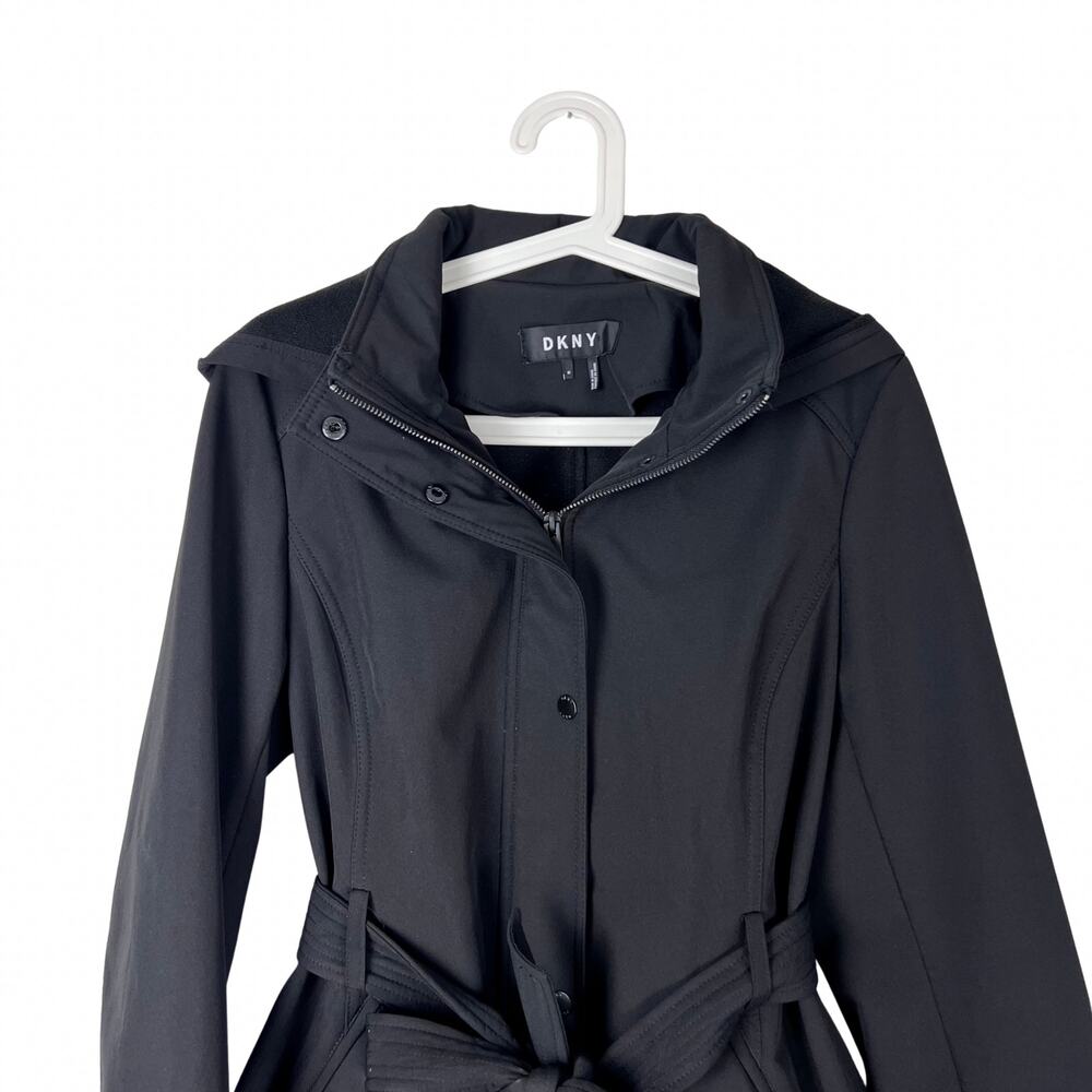 DKNY Black Hooded Belted Coat Women’s Medium Softshell Trench Jacket - Picture 2 of 8